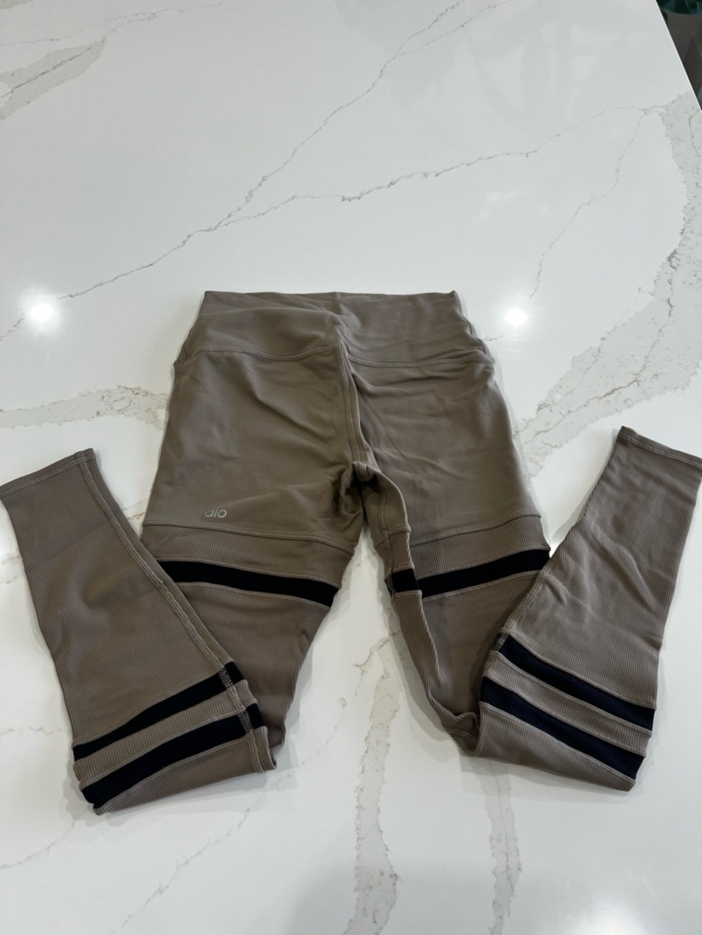 ALO Yoga Taupe Leggings with Black Stripe Accents